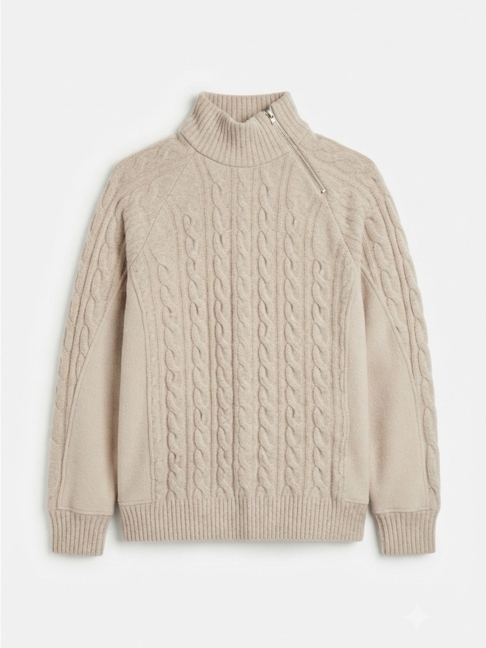 Zara Beige Cable Knit Wool Blend Mock Neck Zip Pullover Sweater Size L - Picture 1 of 5